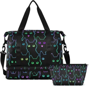 Travel Duffel Tote Colorful Neon Cat Sports Bag With Wet Pocket - Weekender Overnight for Women Men Gym, Carry On, Hospital for Labor and Delivery