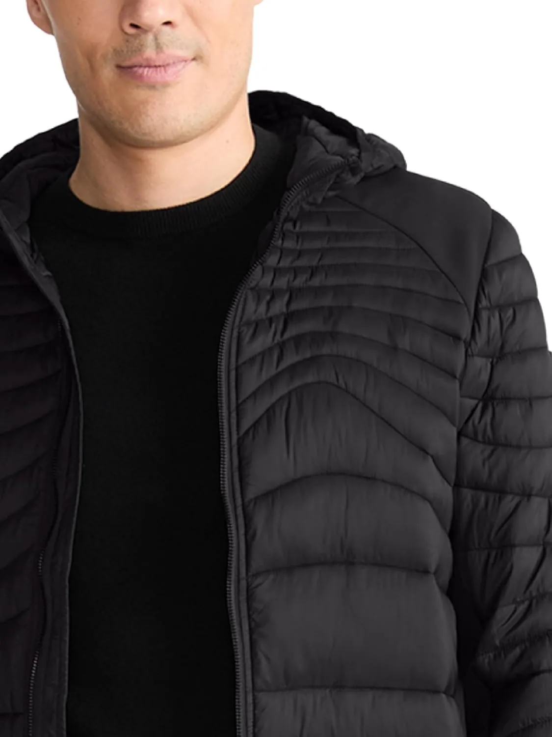 TUMI Men's Asymmetrical Wave Quilted Midweight Puffer with PrimaLoft Fill - Hooded Puffer Jacket - Men's Outerwear