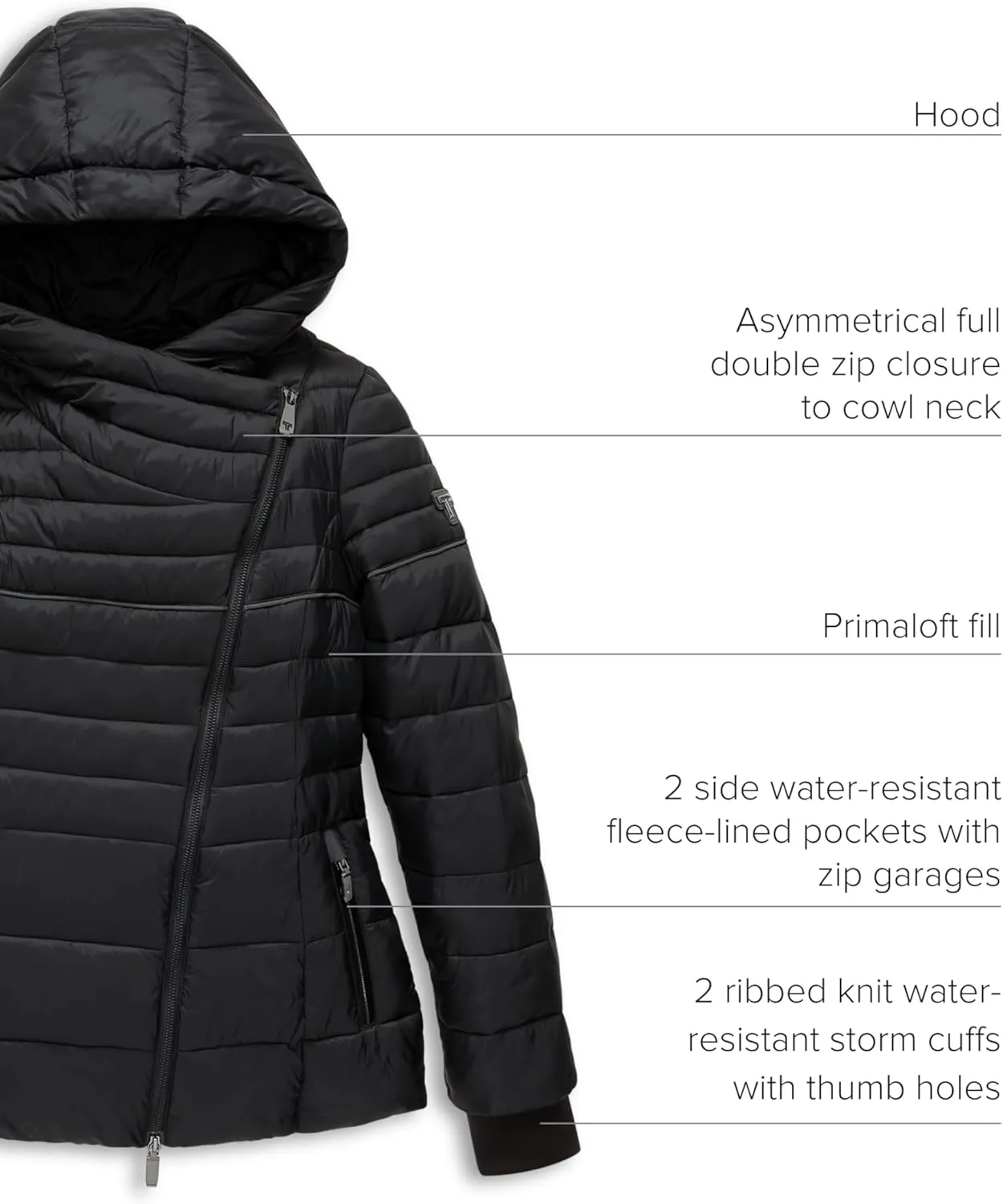 TUMI Women's Asymmetrical Zip Cowl Neck Quilted Midweight Puffer Coat with PrimaLoft Fill - Nylon Puffer Coat