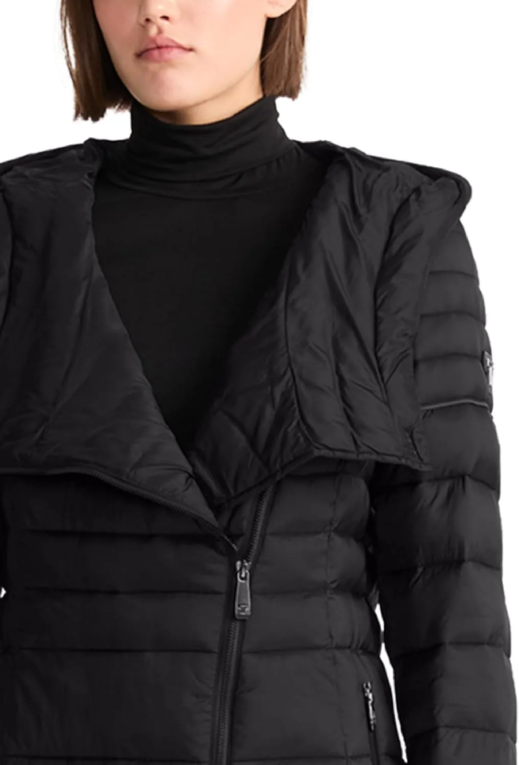 TUMI Women's Asymmetrical Zip Cowl Neck Quilted Midweight Puffer Coat with PrimaLoft Fill - Nylon Puffer Coat