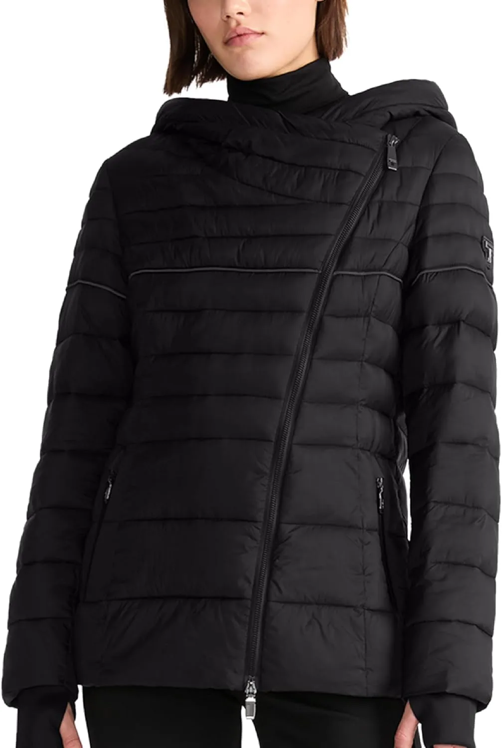 TUMI Women's Asymmetrical Zip Cowl Neck Quilted Midweight Puffer Coat with PrimaLoft Fill - Nylon Puffer Coat