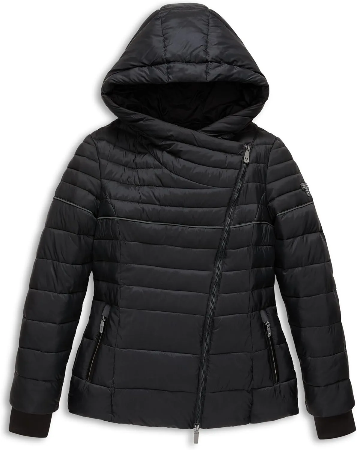 TUMI Women's Asymmetrical Zip Cowl Neck Quilted Midweight Puffer Coat with PrimaLoft Fill - Nylon Puffer Coat
