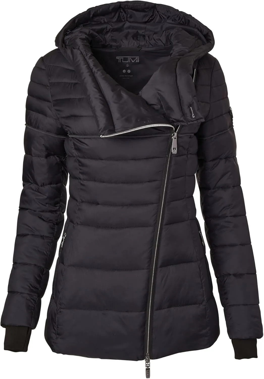 TUMI Women's Asymmetrical Zip Cowl Neck Quilted Midweight Puffer Coat with PrimaLoft Fill - Nylon Puffer Coat