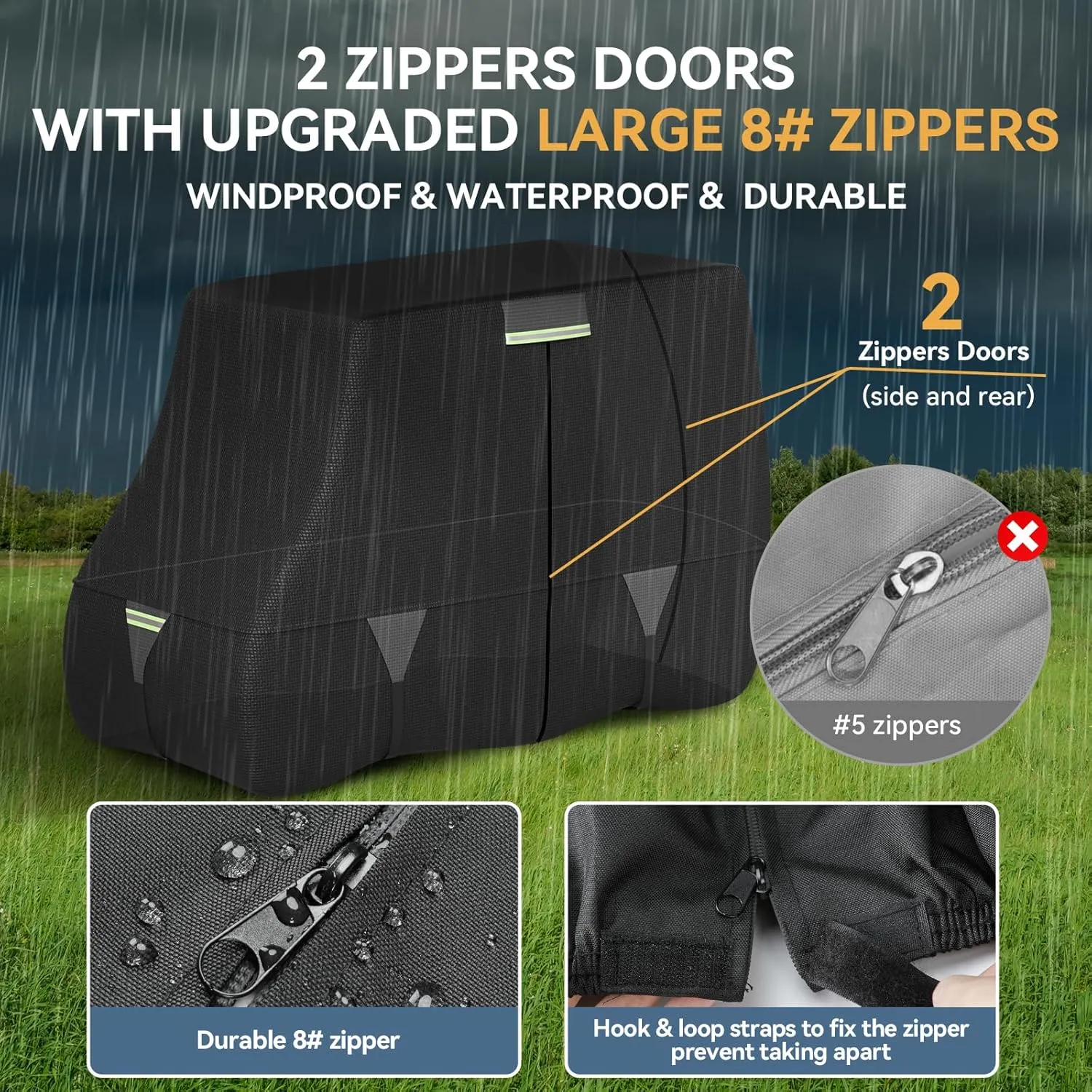 Tuszom 100% Waterproof 1200D Solution-Dyed Golf Cart Cover Universal Fit for Most Brand 2/2 2/4/4 2/6 Passenger Yamaha,Honda,Club Car,EZGO Golf Cart with Zipper Door,Storage Bag