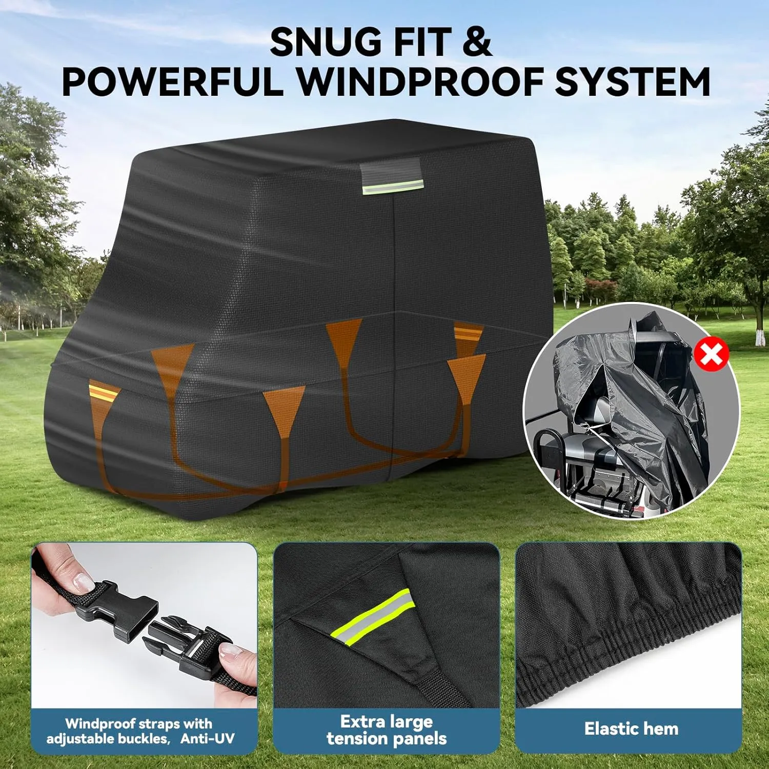 Tuszom 100% Waterproof 1200D Solution-Dyed Golf Cart Cover Universal Fit for Most Brand 2/2 2/4/4 2/6 Passenger Yamaha,Honda,Club Car,EZGO Golf Cart with Zipper Door,Storage Bag