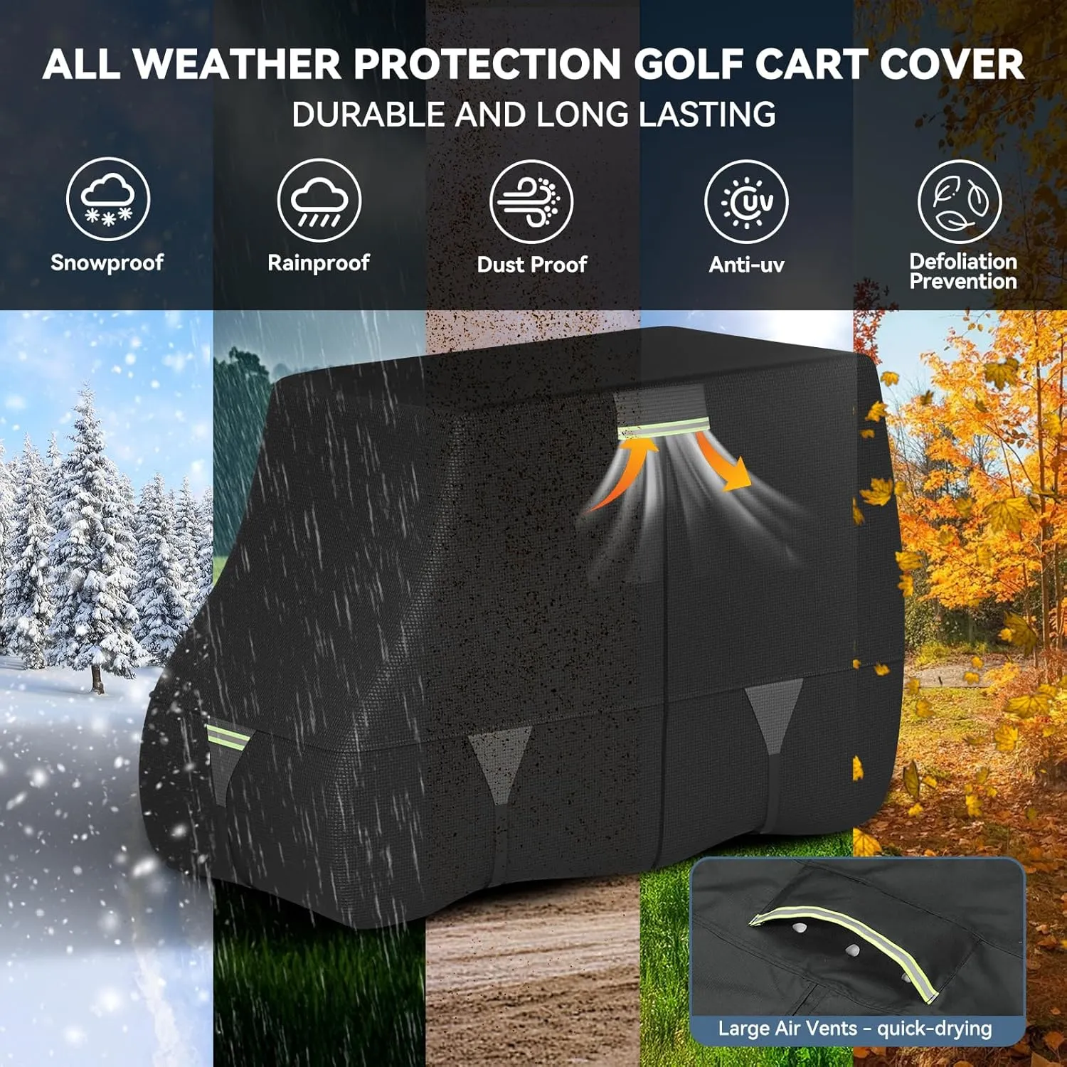 Tuszom 100% Waterproof 1200D Solution-Dyed Golf Cart Cover Universal Fit for Most Brand 2/2 2/4/4 2/6 Passenger Yamaha,Honda,Club Car,EZGO Golf Cart with Zipper Door,Storage Bag