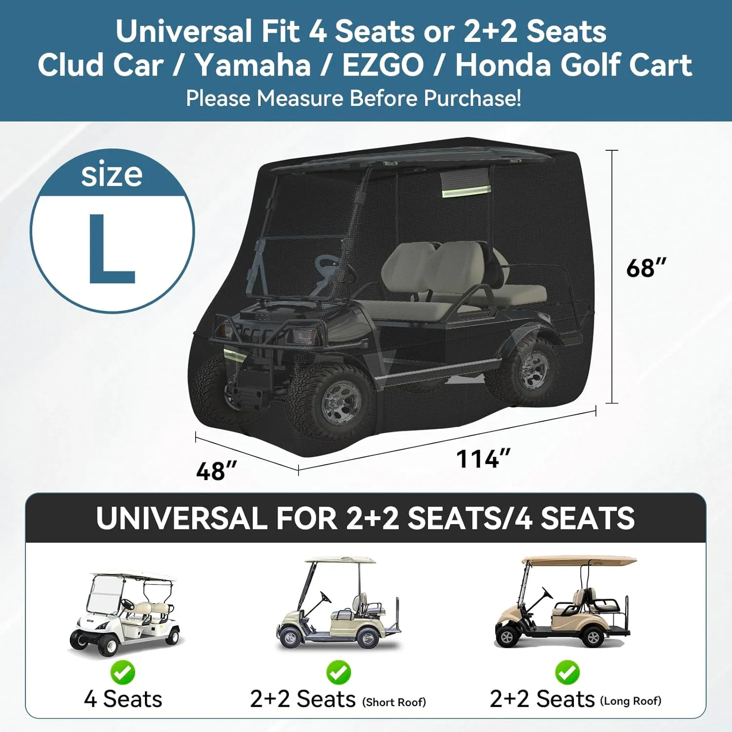 Tuszom 100% Waterproof 1200D Solution-Dyed Golf Cart Cover Universal Fit for Most Brand 2/2 2/4/4 2/6 Passenger Yamaha,Honda,Club Car,EZGO Golf Cart with Zipper Door,Storage Bag