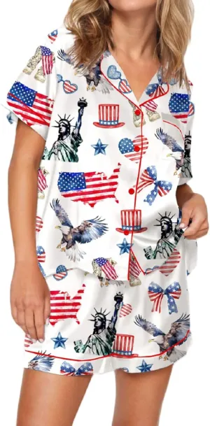 UAURORAO Women American Flag Outfits 4th of July Short Sleeve Satin Pajamas 2 Piece Star Stripes Shorts Lounge Set