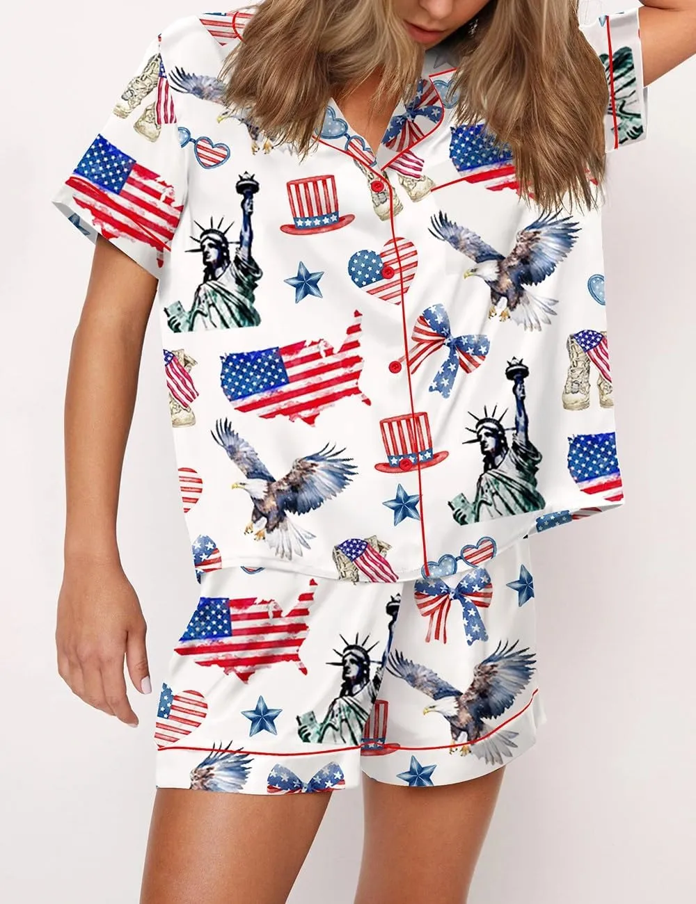 UAURORAO Women American Flag Outfits 4th of July Short Sleeve Satin Pajamas 2 Piece Star Stripes Shorts Lounge Set