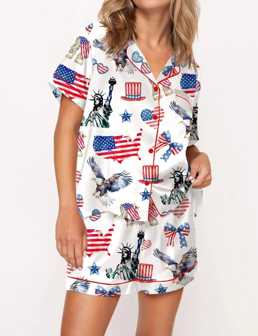 UAURORAO Women American Flag Outfits 4th of July Short Sleeve Satin Pajamas 2 Piece Star Stripes Shorts Lounge Set