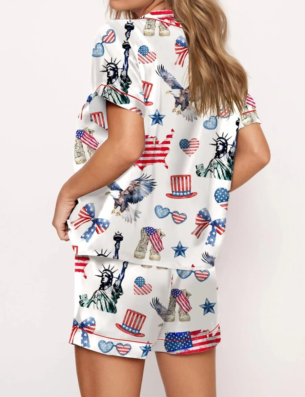 UAURORAO Women American Flag Outfits 4th of July Short Sleeve Satin Pajamas 2 Piece Star Stripes Shorts Lounge Set