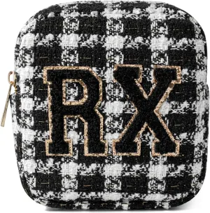 uekeboag Personalized Small Checkered Medicine Cosmetic Bag, Cute Plaid Pattern Chenille Letter Patch RX Drug Pouch with Zipper, Makeup Travel Gift Bag for Women and Girls (09 White Checkered)