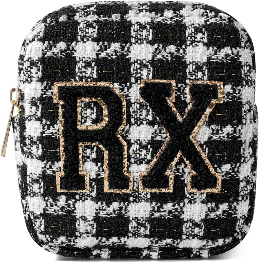 uekeboag Personalized Small Checkered Medicine Cosmetic Bag, Cute Plaid Pattern Chenille Letter Patch RX Drug Pouch with Zipper, Makeup Travel Gift Bag for Women and Girls (09 White Checkered)