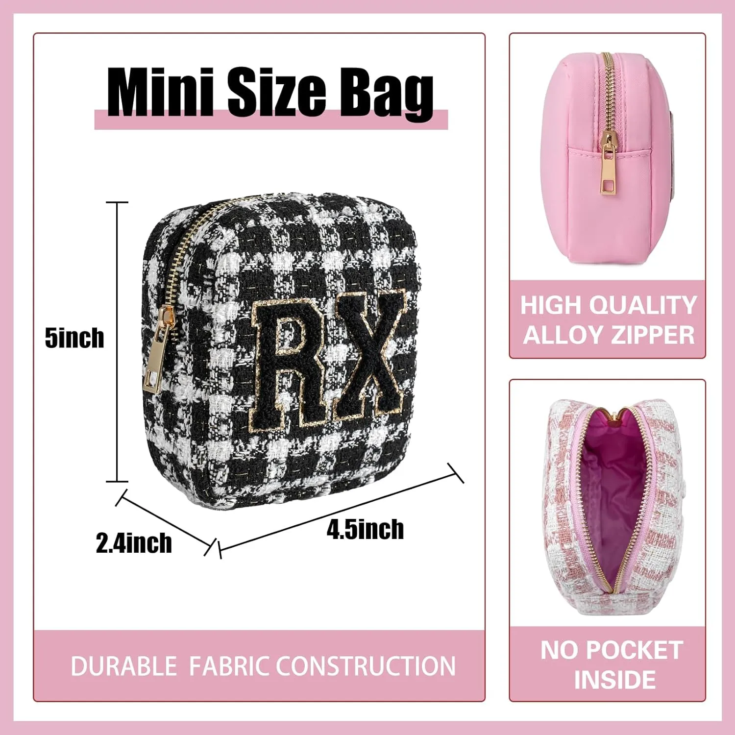 uekeboag Personalized Small Checkered Medicine Cosmetic Bag, Cute Plaid Pattern Chenille Letter Patch RX Drug Pouch with Zipper, Makeup Travel Gift Bag for Women and Girls (09 White Checkered)