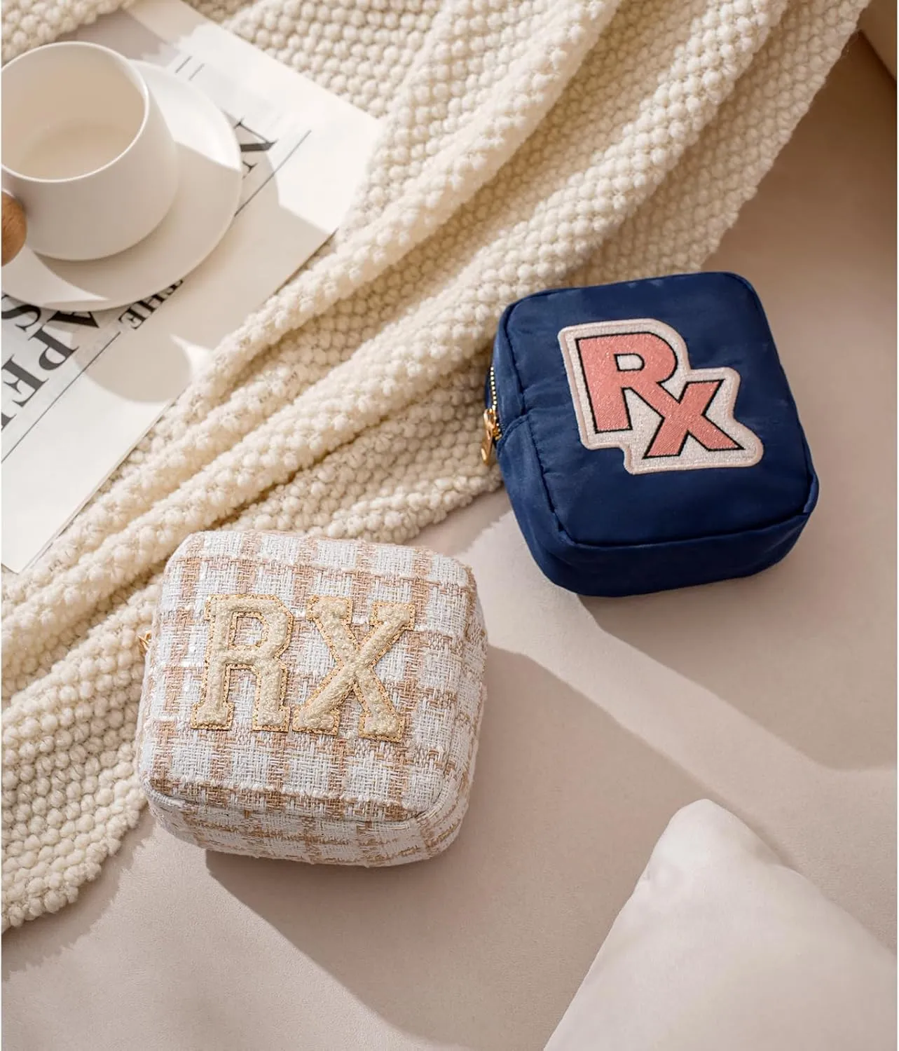 uekeboag Personalized Small Nylon Rx Cosmetic Bag, Cute Chenille Letter Patch Medicine Drug Pouch with Zipper,Preppy Makeup Travel Vitamin Bag for Women and Girls (Navy-Pink)