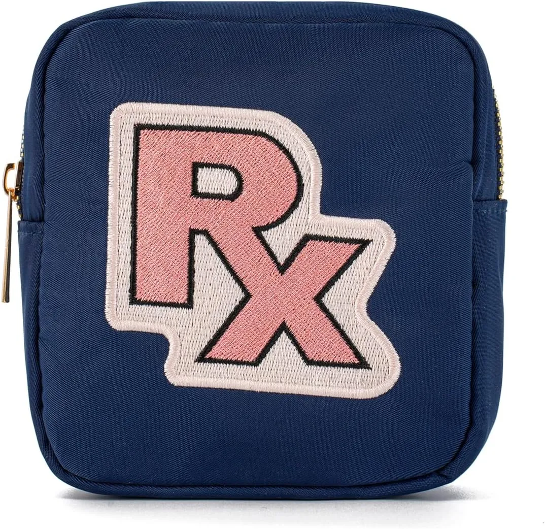 uekeboag Personalized Small Nylon Rx Cosmetic Bag, Cute Chenille Letter Patch Medicine Drug Pouch with Zipper,Preppy Makeup Travel Vitamin Bag for Women and Girls (Navy-Pink)
