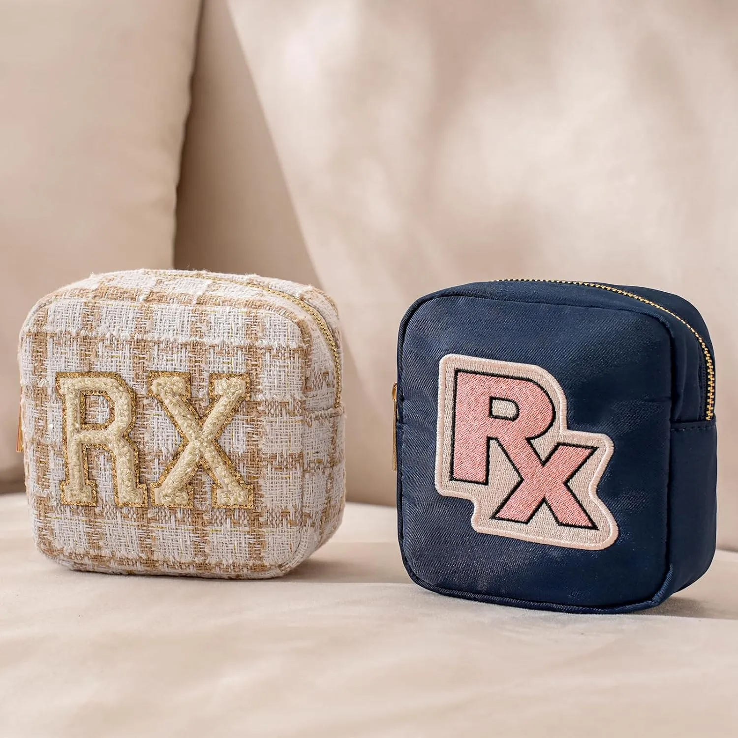 uekeboag Personalized Small Nylon Rx Cosmetic Bag, Cute Chenille Letter Patch Medicine Drug Pouch with Zipper,Preppy Makeup Travel Vitamin Bag for Women and Girls (Navy-Pink)
