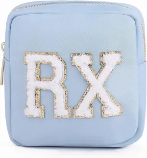 uekeboag Personalized Small Nylon Rx Cosmetic Bag, Cute Chenille Letter Patch Medicine Drug Pouch with Zipper,Preppy Makeup Travel Vitamin Bag for Women and Girls(Light Blue)