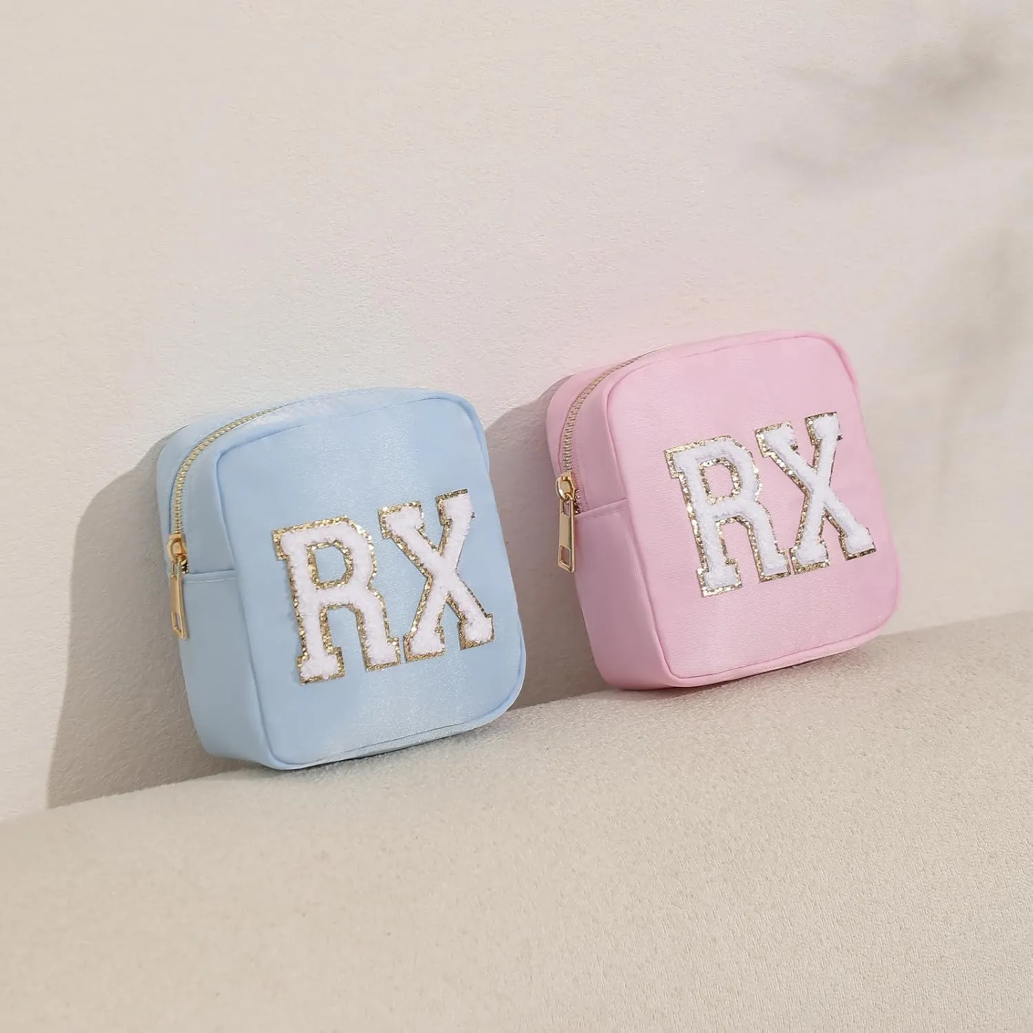 uekeboag Personalized Small Nylon Rx Cosmetic Bag, Cute Chenille Letter Patch Medicine Drug Pouch with Zipper,Preppy Makeup Travel Vitamin Bag for Women and Girls(Light Blue)