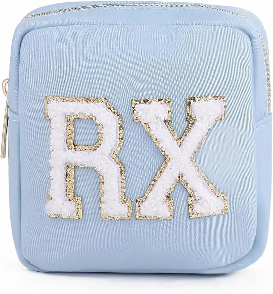 uekeboag Personalized Small Nylon Rx Cosmetic Bag, Cute Chenille Letter Patch Medicine Drug Pouch with Zipper,Preppy Makeup Travel Vitamin Bag for Women and Girls(Light Blue)