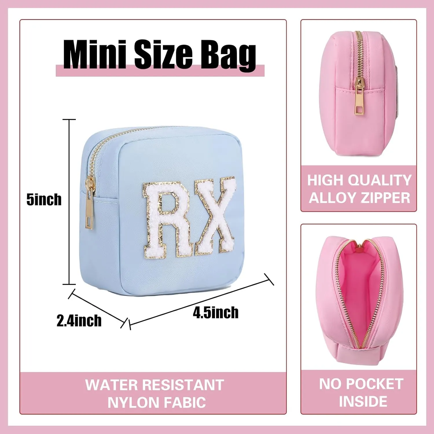 uekeboag Personalized Small Nylon Rx Cosmetic Bag, Cute Chenille Letter Patch Medicine Drug Pouch with Zipper,Preppy Makeup Travel Vitamin Bag for Women and Girls(Light Blue)