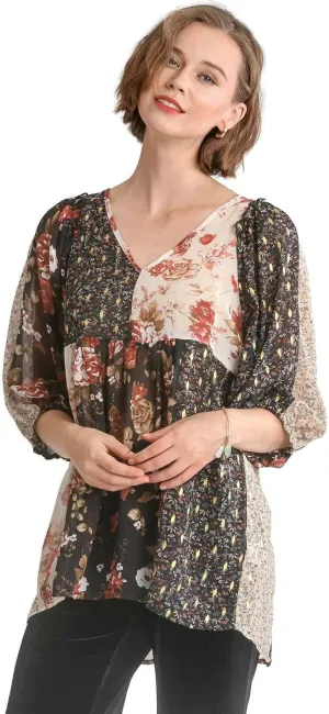 umgee USA Women's Sheer Mixed Floral Babydoll Top