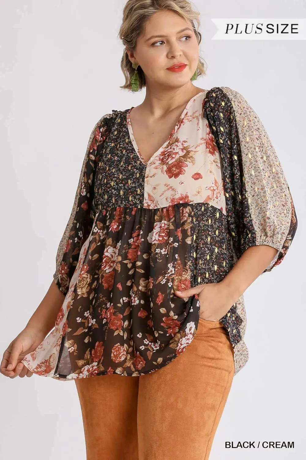 umgee USA Women's Sheer Mixed Floral Babydoll Top