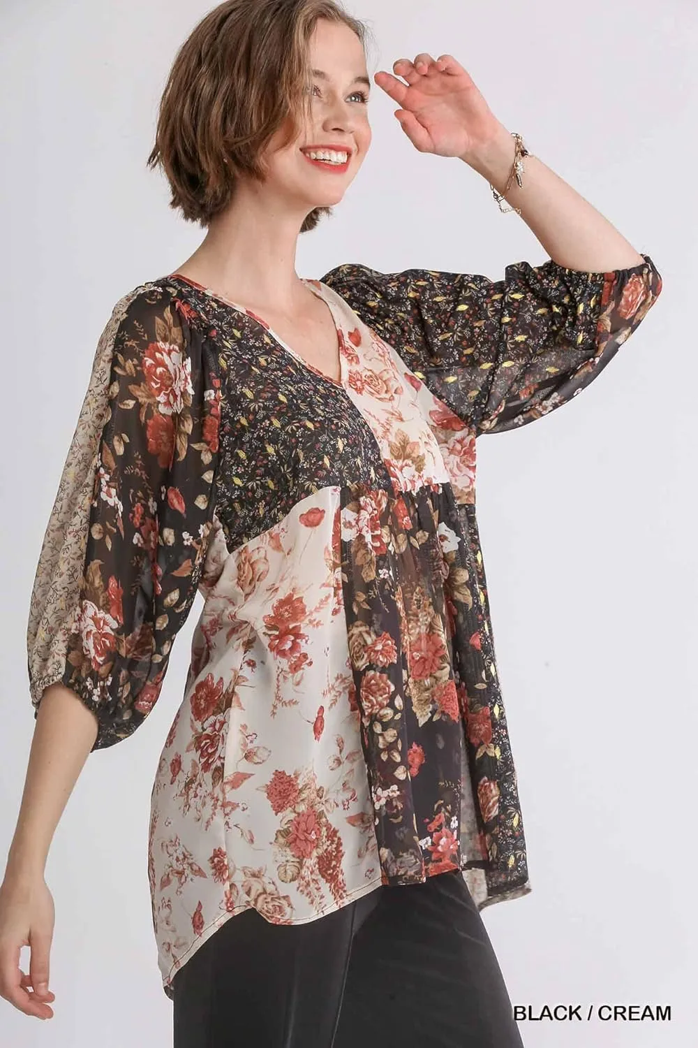 umgee USA Women's Sheer Mixed Floral Babydoll Top