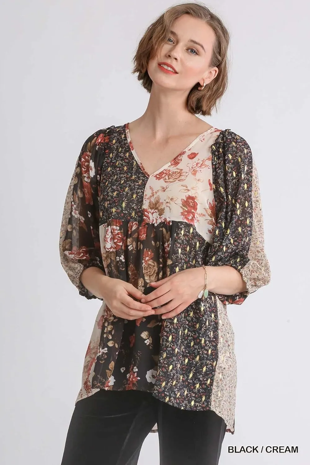 umgee USA Women's Sheer Mixed Floral Babydoll Top