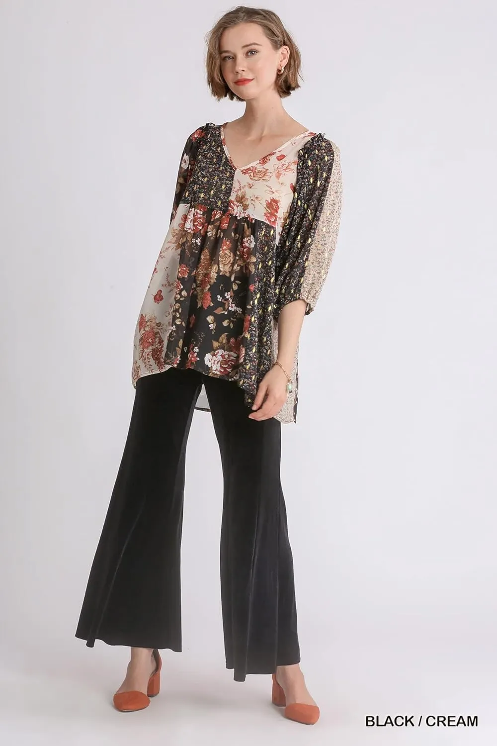umgee USA Women's Sheer Mixed Floral Babydoll Top