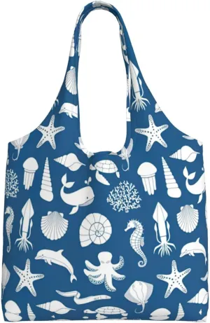 Underwater Marine Life Print Canvas Tote Bags,Reusable Cloth Bags For Shopping Beach Grocery Trendy