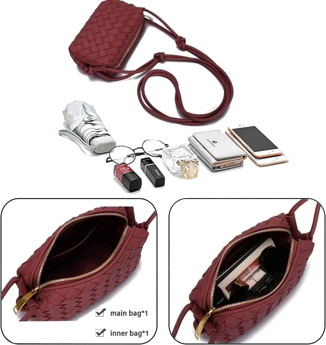 UPSONG Woven Crossbody Bags for Women，Fashion Leather Lightweight Handbags Shoulder Bag Phone Purse Ladies Messenger Bag