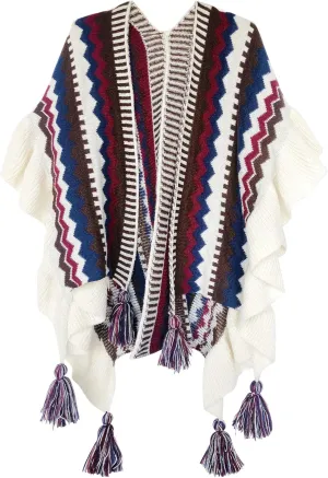 Urban CoCo Women's Knit Stripe Ethnic Flounced Bohemian Tasseled Poncho Shawl