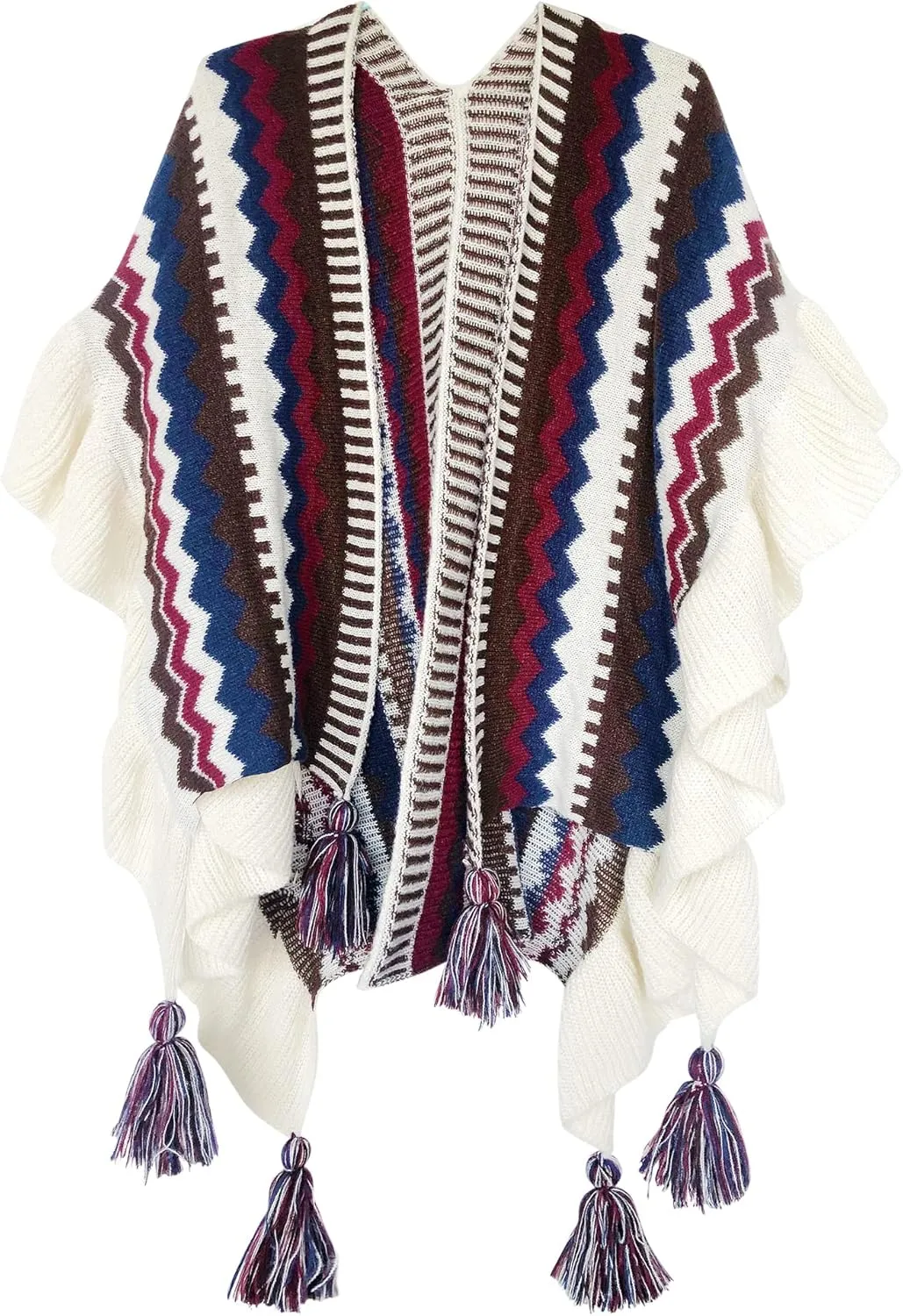Urban CoCo Women's Knit Stripe Ethnic Flounced Bohemian Tasseled Poncho Shawl