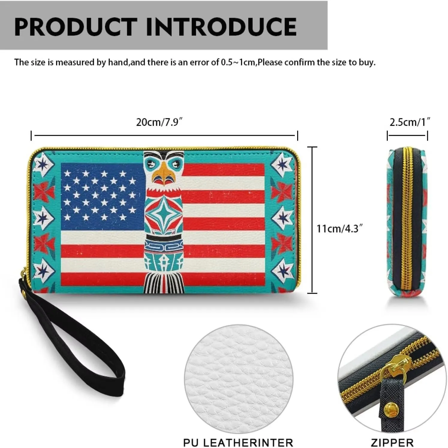 USA Indian Tribal Long Leather Wallet for Women, Ethnic Totem American Flag Checkbook Wallets Wristlet Zipper Billfold Cell Phone Holder