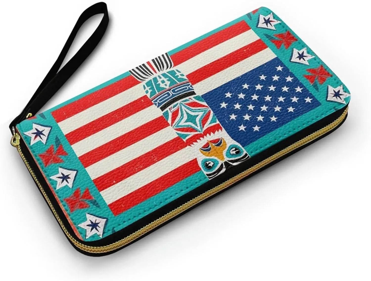 USA Indian Tribal Long Leather Wallet for Women, Ethnic Totem American Flag Checkbook Wallets Wristlet Zipper Billfold Cell Phone Holder