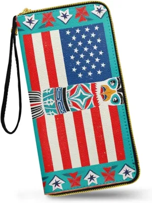 USA Indian Tribal Long Leather Wallet for Women, Ethnic Totem American Flag Checkbook Wallets Wristlet Zipper Billfold Cell Phone Holder