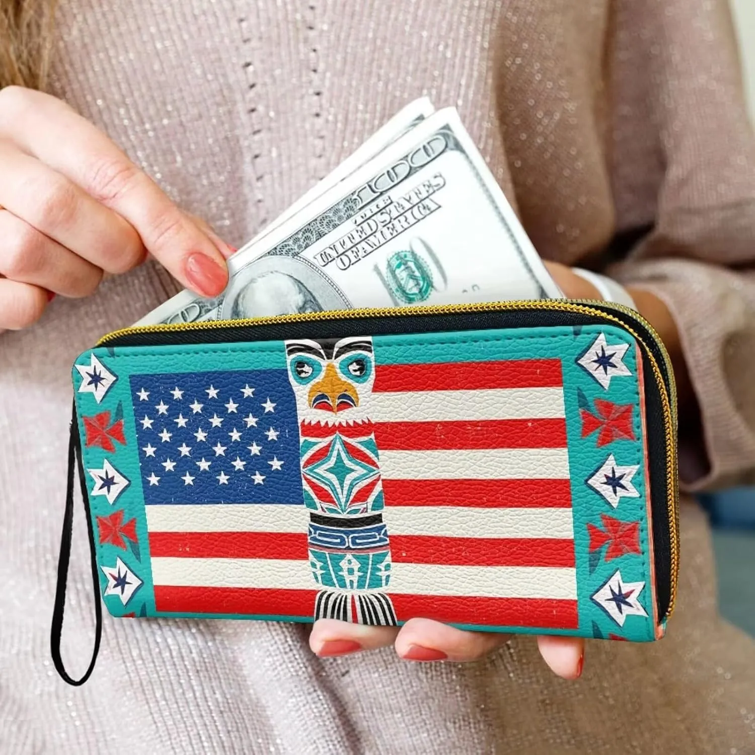 USA Indian Tribal Long Leather Wallet for Women, Ethnic Totem American Flag Checkbook Wallets Wristlet Zipper Billfold Cell Phone Holder