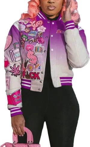 Varsity Jacket Women Print Vintage Patches Letterman Cropped Bomber Jacket Lightweight Dressy Cute Coat