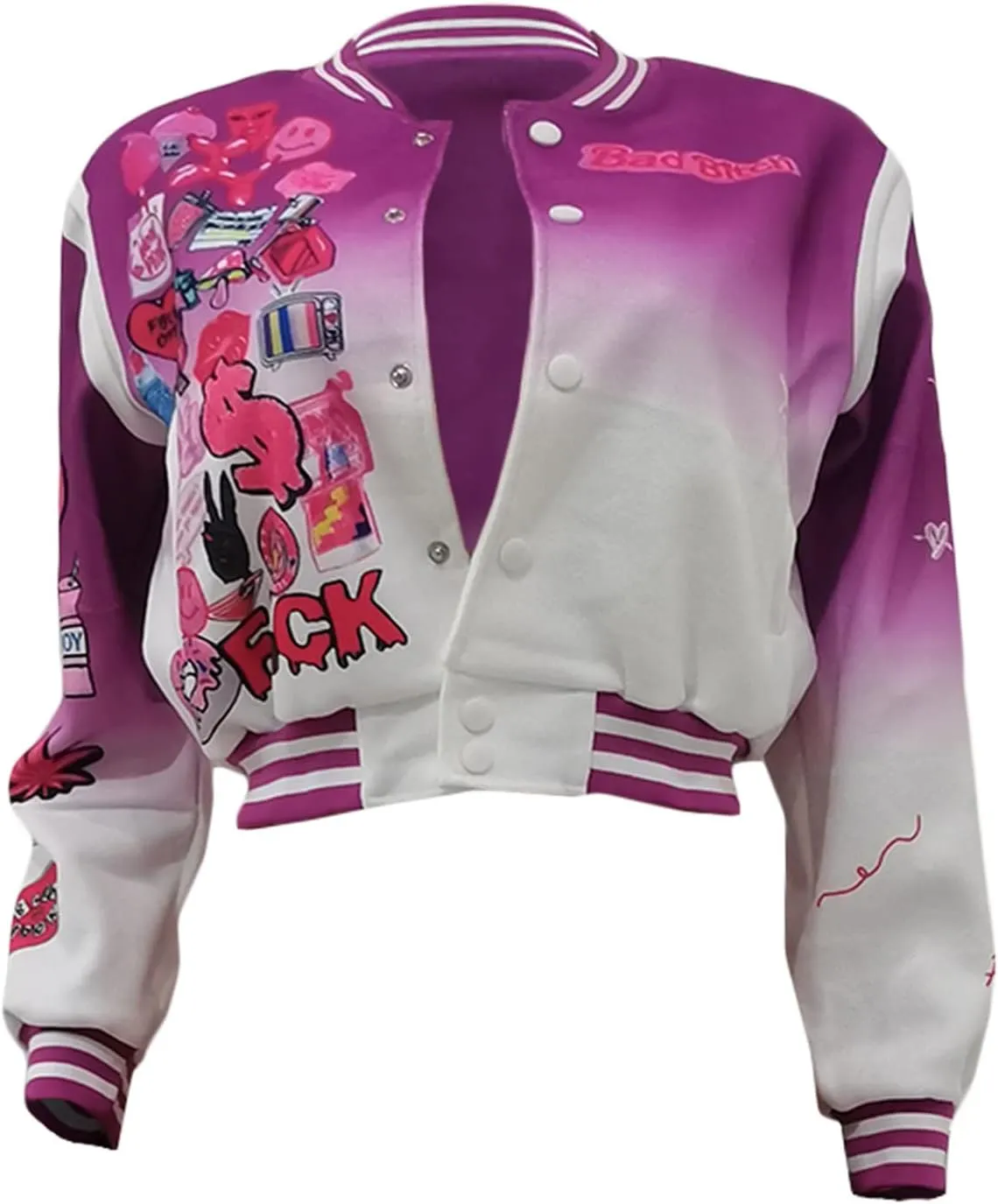 Varsity Jacket Women Print Vintage Patches Letterman Cropped Bomber Jacket Lightweight Dressy Cute Coat
