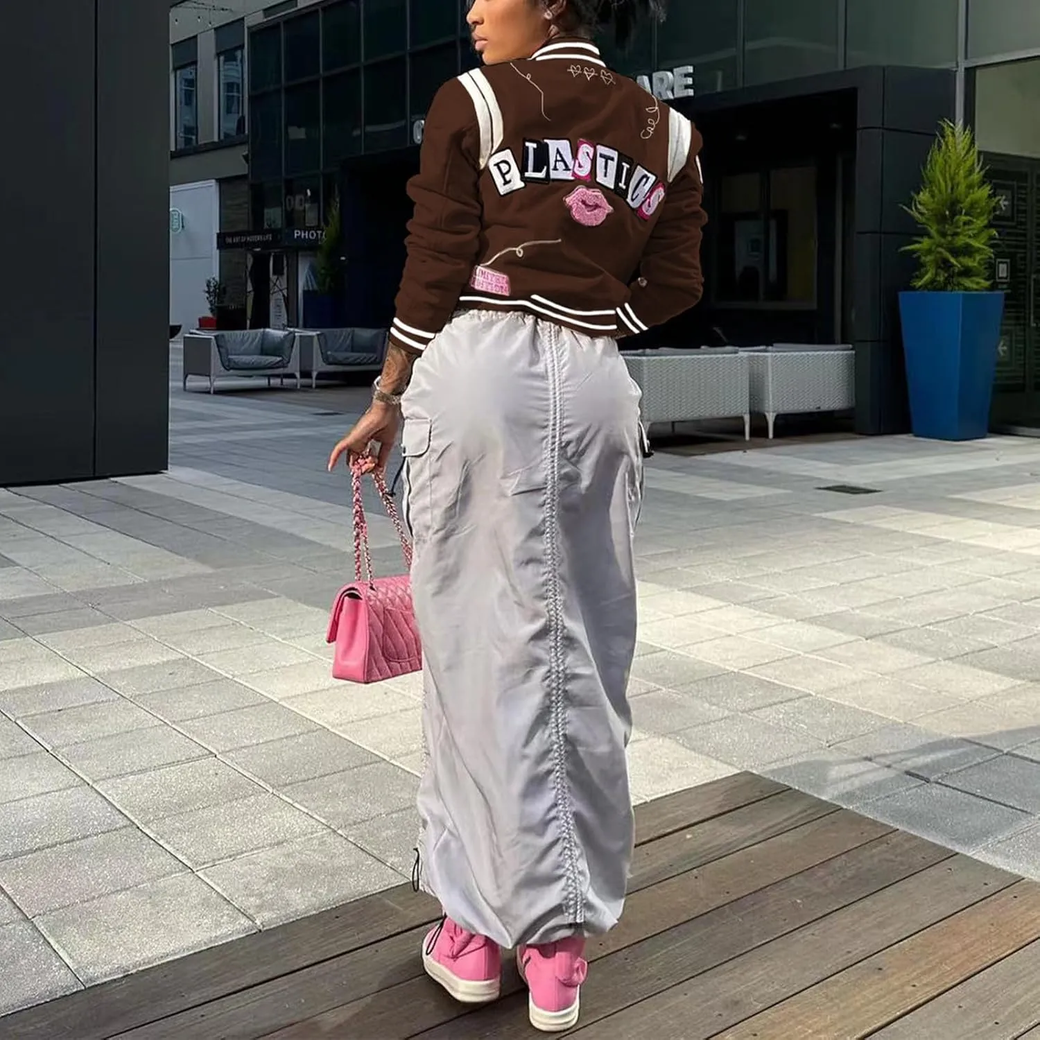 Varsity Jacket Women Print Vintage Patches Letterman Cropped Bomber Jacket Lightweight Dressy Cute Coat