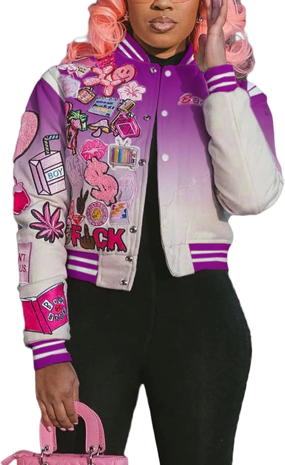Varsity Jacket Women Print Vintage Patches Letterman Cropped Bomber Jacket Lightweight Dressy Cute Coat