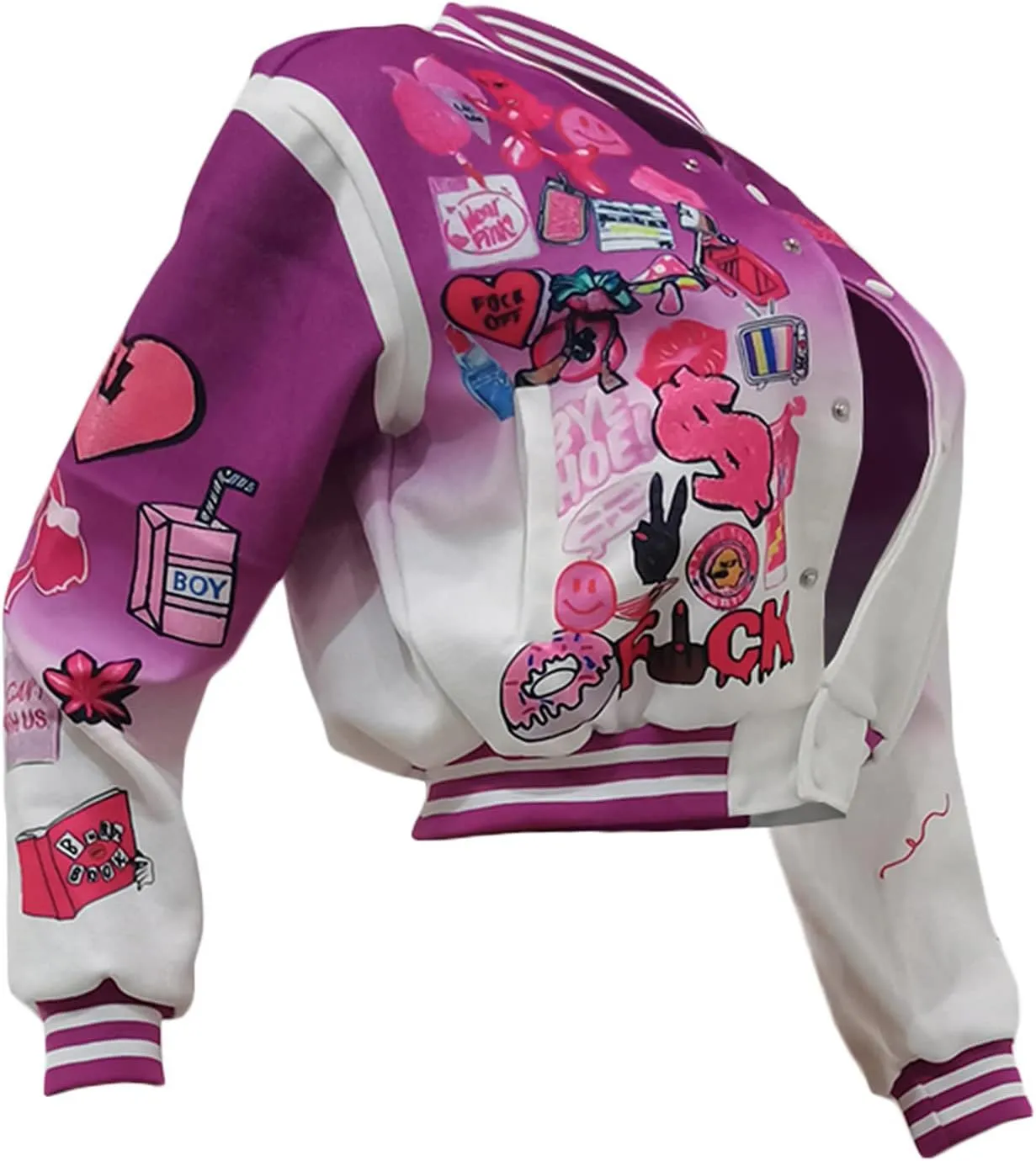 Varsity Jacket Women Print Vintage Patches Letterman Cropped Bomber Jacket Lightweight Dressy Cute Coat