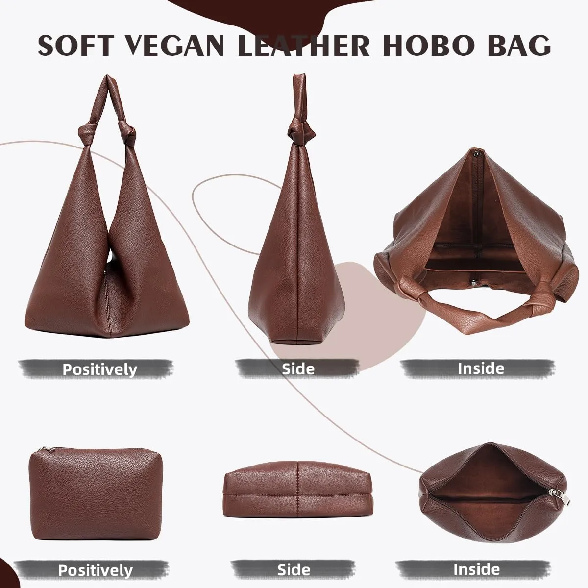 Vegan Leather Hobo Purses set, Slouchy Shoulder Bag Knotted Hobo Bags for Women with a small purse