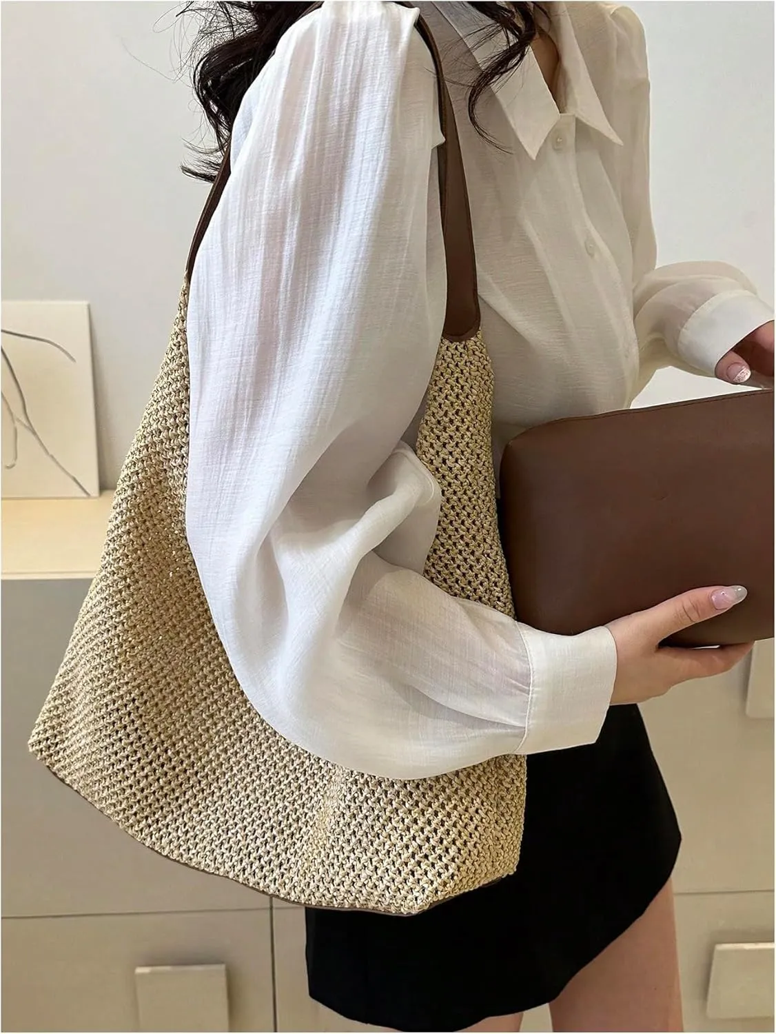 Verdusa Women's Straw Hobo Shoulder Bags Woven Tote Handbag Summer Crochet Purse
