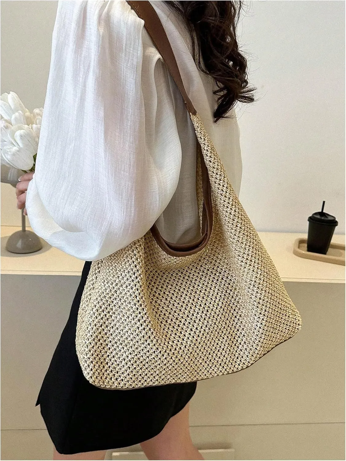 Verdusa Women's Straw Hobo Shoulder Bags Woven Tote Handbag Summer Crochet Purse