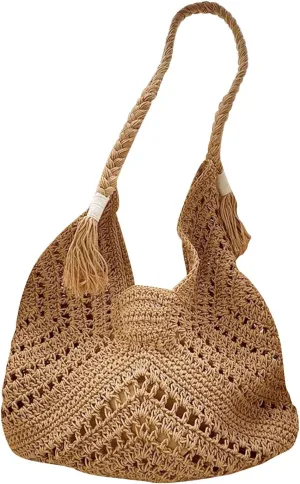 Verdusa Women's Straw Hobo Shoulder Bags Woven Tote Handbag Summer Crochet Purse