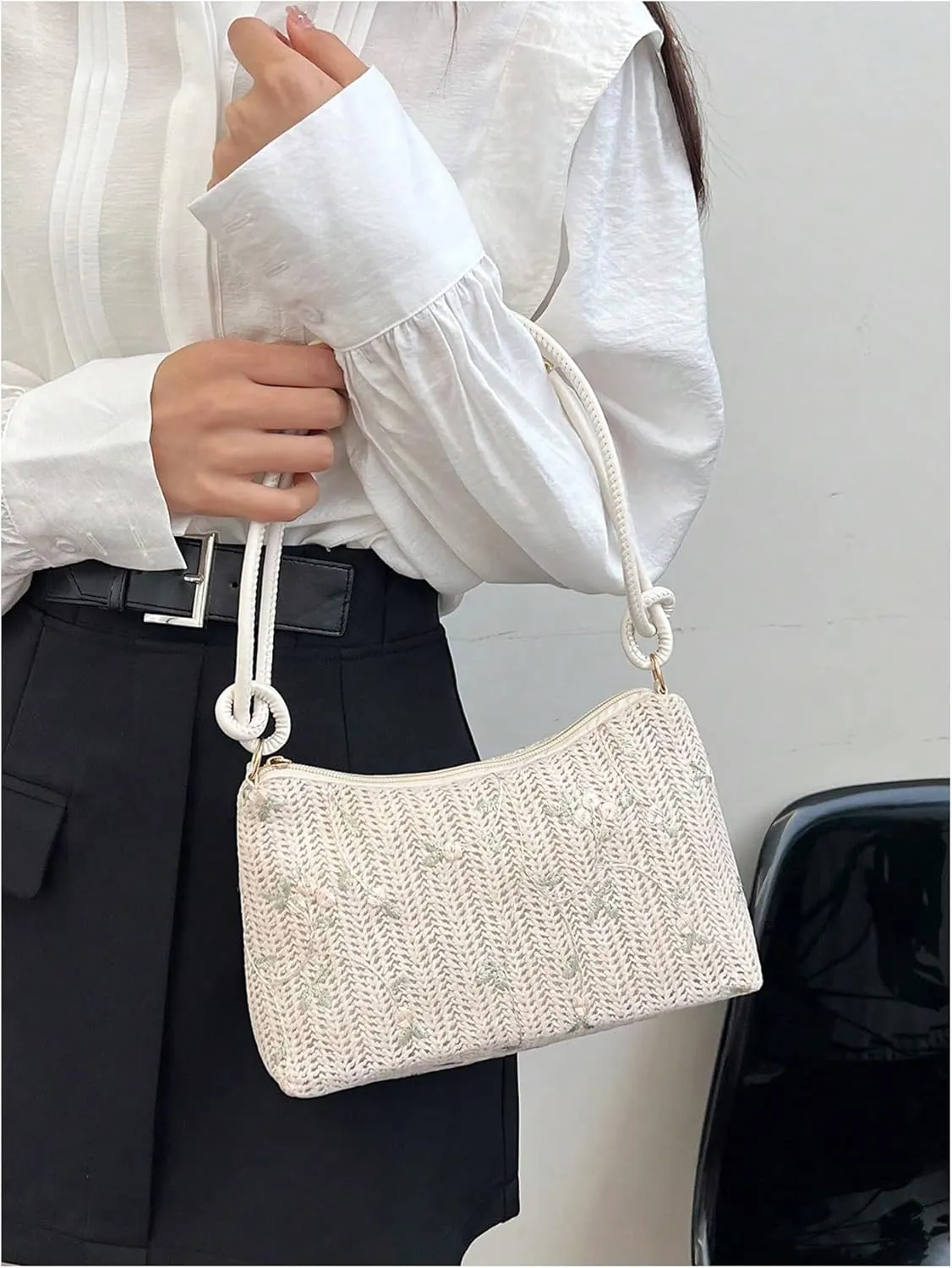 Verdusa Women's Straw Underarm Shoulder Bag Knotted Top Handle Zipper Purses