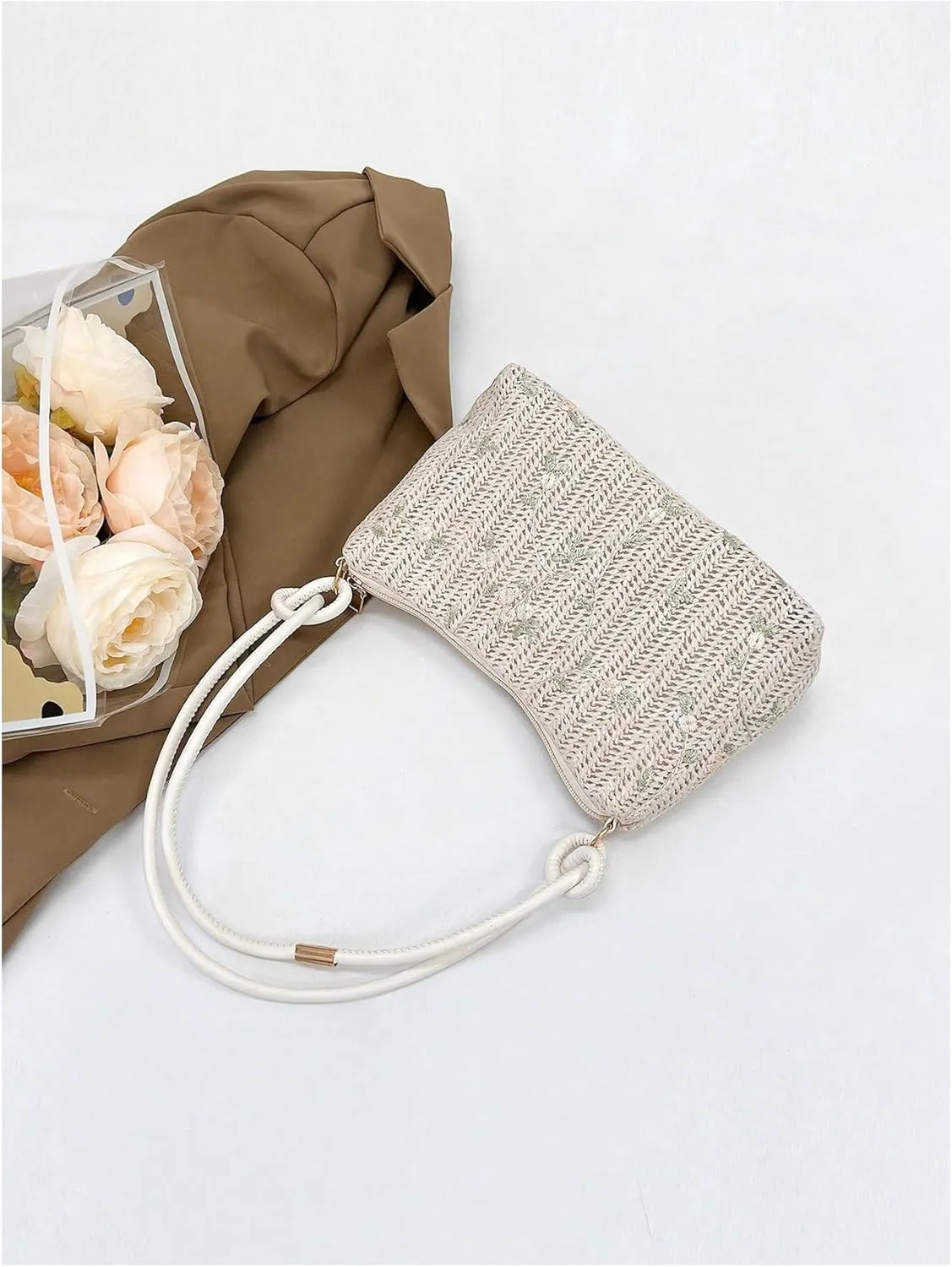 Verdusa Women's Straw Underarm Shoulder Bag Knotted Top Handle Zipper Purses