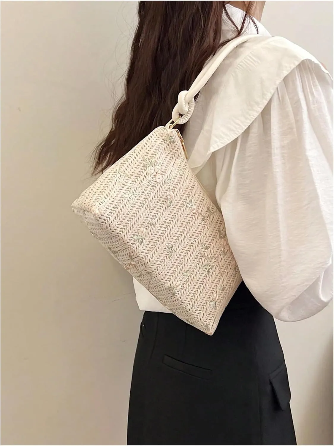 Verdusa Women's Straw Underarm Shoulder Bag Knotted Top Handle Zipper Purses